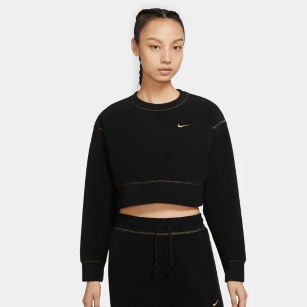 Nike black Gold swoosh fleece crop sweatshirt top pullover Therma Icon clash S